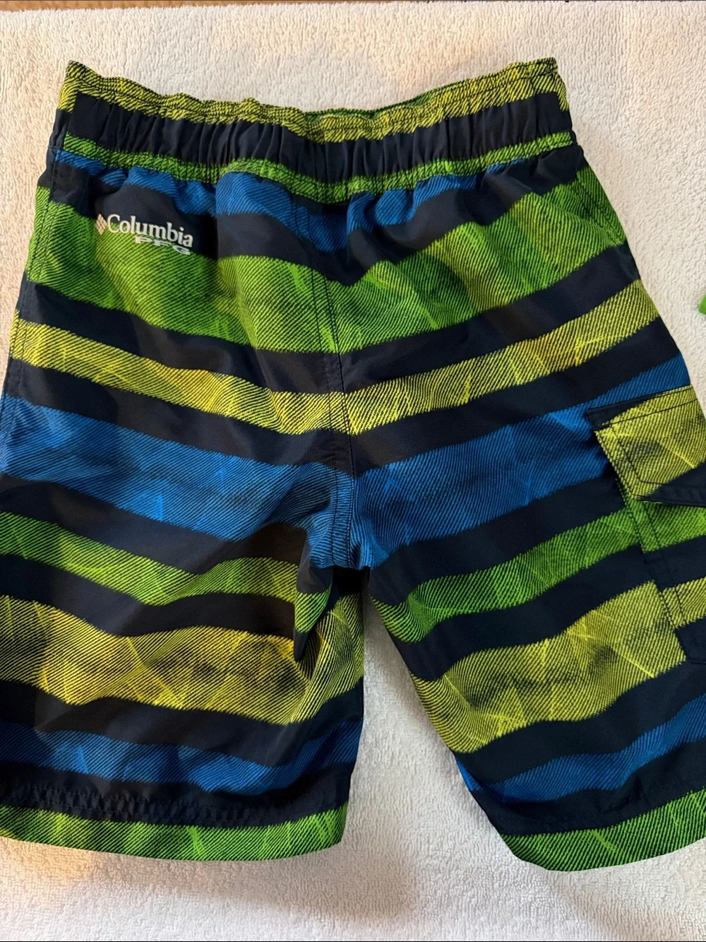 Columbia boy’s Neon Green Rash Guard with Striped Swim Shorts